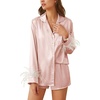 image:imageEkouaer Bridal Feather Pajamas Set Silk Satin Valentines Pj Sets Wedding Pjs Sleepwear with Removable Feather TrimPink