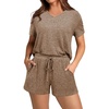 image:imageEkouaer Lounge Sets for Women 2 Piece Ribbed Knit Pajamas Short Sleeve Pj Tops and Shorts Sleepwear Casual Outfits SetBrown