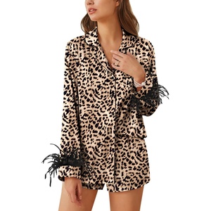 image:imageEkouaer Bridal Feather Pajamas Set Silk Satin Valentines Pj Sets Wedding Pjs Sleepwear with Removable Feather TrimLeopard Print