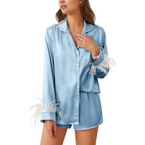 image:imageEkouaer Bridal Feather Pajamas Set Silk Satin Valentines Pj Sets Wedding Pjs Sleepwear with Removable Feather TrimLight Blue