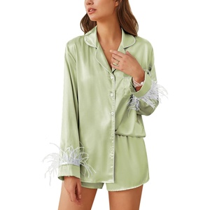 image:imageEkouaer Bridal Feather Pajamas Set Silk Satin Valentines Pj Sets Wedding Pjs Sleepwear with Removable Feather TrimLight Green