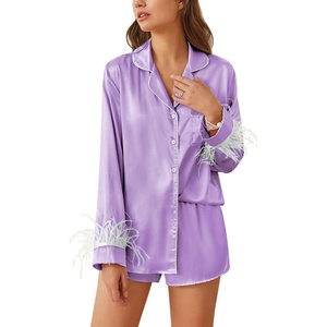 image:imageEkouaer Bridal Feather Pajamas Set Silk Satin Valentines Pj Sets Wedding Pjs Sleepwear with Removable Feather TrimLilac Purple