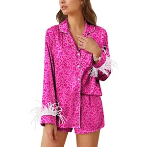 image:imageEkouaer Bridal Feather Pajamas Set Silk Satin Valentines Pj Sets Wedding Pjs Sleepwear with Removable Feather TrimPink Leopard Print
