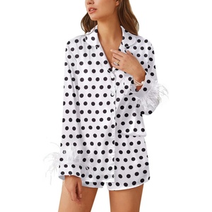 image:imageEkouaer Bridal Feather Pajamas Set Silk Satin Valentines Pj Sets Wedding Pjs Sleepwear with Removable Feather TrimWhite Black Polka Dot