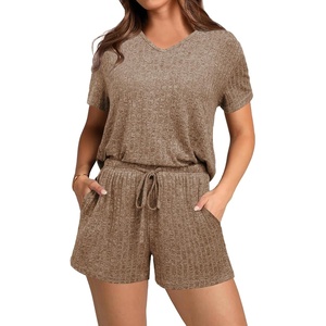 image:imageEkouaer Lounge Sets for Women 2 Piece Ribbed Knit Pajamas Short Sleeve Pj Tops and Shorts Sleepwear Casual Outfits SetBrown