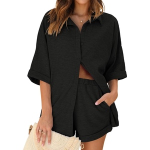 image:imageEkouaer Waffle Knit Lounge Sets for Women Short Sleeve Pajamas Button Down Pjs Oversized Loungewear Shorts SetBlack