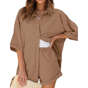 image:imageEkouaer Waffle Knit Lounge Sets for Women Short Sleeve Pajamas Button Down Pjs Oversized Loungewear Shorts SetBrown