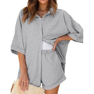 image:imageEkouaer Waffle Knit Lounge Sets for Women Short Sleeve Pajamas Button Down Pjs Oversized Loungewear Shorts SetGray