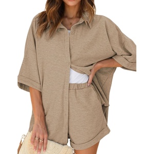 image:imageEkouaer Waffle Knit Lounge Sets for Women Short Sleeve Pajamas Button Down Pjs Oversized Loungewear Shorts SetKhaki