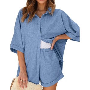 image:imageEkouaer Waffle Knit Lounge Sets for Women Short Sleeve Pajamas Button Down Pjs Oversized Loungewear Shorts SetLake Blue