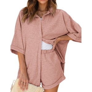 image:imageEkouaer Waffle Knit Lounge Sets for Women Short Sleeve Pajamas Button Down Pjs Oversized Loungewear Shorts SetPink