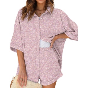 image:imageEkouaer Waffle Knit Lounge Sets for Women Short Sleeve Pajamas Button Down Pjs Oversized Loungewear Shorts SetPink Dye
