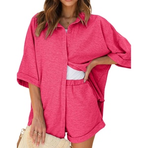 image:imageEkouaer Waffle Knit Lounge Sets for Women Short Sleeve Pajamas Button Down Pjs Oversized Loungewear Shorts SetRose Red