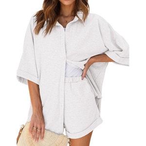 image:imageEkouaer Waffle Knit Lounge Sets for Women Short Sleeve Pajamas Button Down Pjs Oversized Loungewear Shorts SetWhite