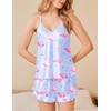image:imageEkouaer Satin Pajama Set for Women 2 Piece Camisole Top and Shorts Silk Lingerie with Ruffle Floral NightwearClear Blue Flamingo