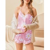image:imageEkouaer Satin Pajama Set for Women 2 Piece Camisole Top and Shorts Silk Lingerie with Ruffle Floral NightwearPink Flower