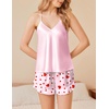 image:imageEkouaer Satin Pajama Set for Women 2 Piece Camisole Top and Shorts Silk Lingerie with Ruffle Floral NightwearPink Heart
