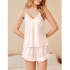 image:imageEkouaer Satin Pajama Set for Women 2 Piece Camisole Top and Shorts Silk Lingerie with Ruffle Floral NightwearPink Leopard