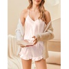 image:imageEkouaer Satin Pajama Set for Women 2 Piece Camisole Top and Shorts Silk Lingerie with Ruffle Floral NightwearPink Leopard