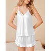 image:imageEkouaer Satin Pajama Set for Women 2 Piece Camisole Top and Shorts Silk Lingerie with Ruffle Floral NightwearPure White
