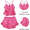 image:imageEkouaer Satin Pajama Set for Women 2 Piece Camisole Top and Shorts Silk Lingerie with Ruffle Floral NightwearRose Red Leopard