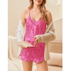 image:imageEkouaer Satin Pajama Set for Women 2 Piece Camisole Top and Shorts Silk Lingerie with Ruffle Floral NightwearRose Red Leopard