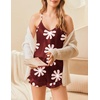 image:imageEkouaer Satin Pajama Set for Women 2 Piece Camisole Top and Shorts Silk Lingerie with Ruffle Floral NightwearWine Red Flower