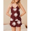 image:imageEkouaer Satin Pajama Set for Women 2 Piece Camisole Top and Shorts Silk Lingerie with Ruffle Floral NightwearWine Red Flower