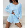 image:imageEkouaer Womens Crop Cami 3 Piece Waffle Knit Lounge Set Summer Pajama Sets with Long Sleeve Top amp Drawstring ShortsBlue and White Stripes