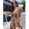 image:imageEkouaer Womens Crop Cami 3 Piece Waffle Knit Lounge Set Summer Pajama Sets with Long Sleeve Top amp Drawstring ShortsKhaki