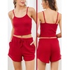 image:imageEkouaer Womens Crop Cami 3 Piece Waffle Knit Lounge Set Summer Pajama Sets with Long Sleeve Top amp Drawstring ShortsRed