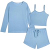 image:imageEkouaer Womens Crop Cami 3 Piece Waffle Knit Lounge Set Summer Pajama Sets with Long Sleeve Top amp Drawstring ShortsLight Blue