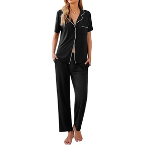 image:imageEkouaer Women Pajamas Set Button Down Sleepwear Short Sleeve Nightwear with Long Pants Soft Pjs Set SXXLBlack