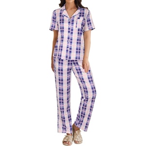 image:imageEkouaer Women Pajamas Set Button Down Sleepwear Short Sleeve Nightwear with Long Pants Soft Pjs Set SXXLBlue Plaid