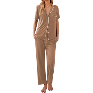 image:imageEkouaer Women Pajamas Set Button Down Sleepwear Short Sleeve Nightwear with Long Pants Soft Pjs Set SXXLBrown