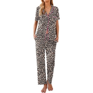 image:imageEkouaer Women Pajamas Set Button Down Sleepwear Short Sleeve Nightwear with Long Pants Soft Pjs Set SXXLBrown Leopard 378