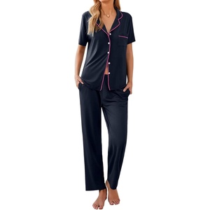 image:imageEkouaer Women Pajamas Set Button Down Sleepwear Short Sleeve Nightwear with Long Pants Soft Pjs Set SXXLDark Slate