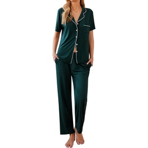 image:imageEkouaer Women Pajamas Set Button Down Sleepwear Short Sleeve Nightwear with Long Pants Soft Pjs Set SXXLGreen