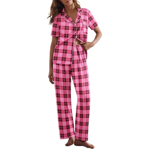 image:imageEkouaer Women Pajamas Set Button Down Sleepwear Short Sleeve Nightwear with Long Pants Soft Pjs Set SXXLHot Pink Plaid