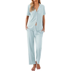 image:imageEkouaer Women Pajamas Set Button Down Sleepwear Short Sleeve Nightwear with Long Pants Soft Pjs Set SXXLIce Blue