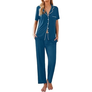 image:imageEkouaer Women Pajamas Set Button Down Sleepwear Short Sleeve Nightwear with Long Pants Soft Pjs Set SXXLIndigo