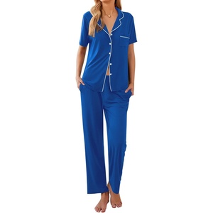 image:imageEkouaer Women Pajamas Set Button Down Sleepwear Short Sleeve Nightwear with Long Pants Soft Pjs Set SXXLLight Blue