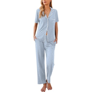 image:imageEkouaer Women Pajamas Set Button Down Sleepwear Short Sleeve Nightwear with Long Pants Soft Pjs Set SXXLLight Blue Stars