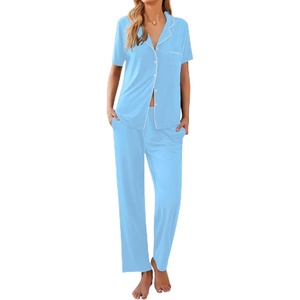 image:imageEkouaer Women Pajamas Set Button Down Sleepwear Short Sleeve Nightwear with Long Pants Soft Pjs Set SXXLLight Sky Blue