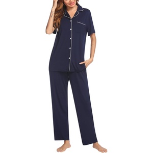 image:imageEkouaer Women Pajamas Set Button Down Sleepwear Short Sleeve Nightwear with Long Pants Soft Pjs Set SXXLNavy Blue