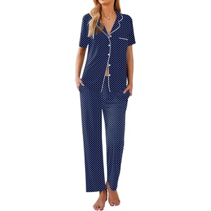 image:imageEkouaer Women Pajamas Set Button Down Sleepwear Short Sleeve Nightwear with Long Pants Soft Pjs Set SXXLNavy Blue Points