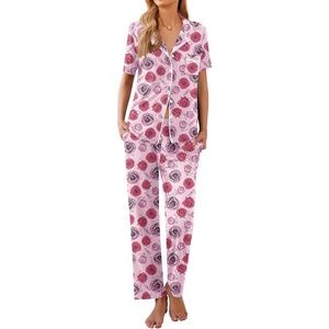 image:imageEkouaer Women Pajamas Set Button Down Sleepwear Short Sleeve Nightwear with Long Pants Soft Pjs Set SXXLPainting Rose