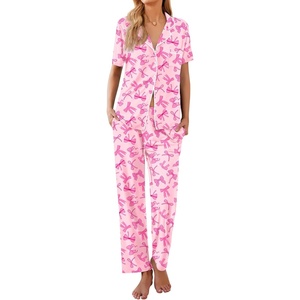 image:imageEkouaer Women Pajamas Set Button Down Sleepwear Short Sleeve Nightwear with Long Pants Soft Pjs Set SXXLPink Bow Tie