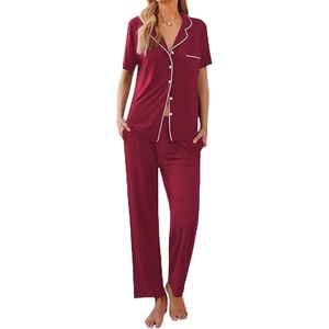 image:imageEkouaer Women Pajamas Set Button Down Sleepwear Short Sleeve Nightwear with Long Pants Soft Pjs Set SXXLRed