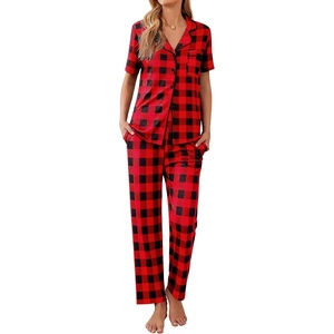 image:imageEkouaer Women Pajamas Set Button Down Sleepwear Short Sleeve Nightwear with Long Pants Soft Pjs Set SXXLRed Plaid Gz1
